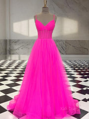 A-Line/Princess V-neck Sweep Train Tulle Prom Dresses With Ruffles