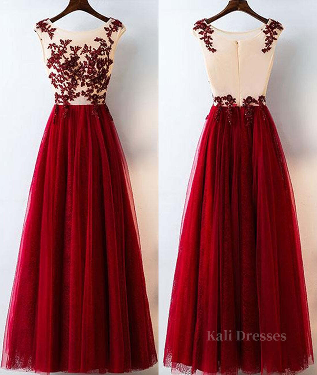 A Line Round Neck Burgundy Lace Tulle Long Prom Dress, Burgundy Lace Evening Dress, Burgundy Lace Graduation Dress