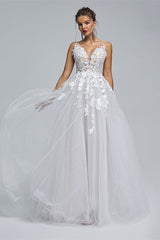 A-LINE SHEER STRAPS V-NECK TULLE APPLIQUE FLOOR-LENGTH SLEEVELESS WEDDING DRESSES