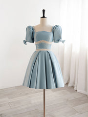 A-Line Square Neckline Blue Short Prom Dress, Cute Blue Homecoming Dress