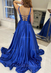 A Line Square Neckline Sleeveless Sweep Train Satin Prom Dress With Pockets