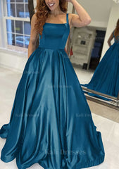 A Line Square Neckline Sleeveless Sweep Train Satin Prom Dress With Pockets