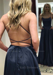 A Line Square Neckline Spaghetti Straps Long Floor Length Charmeuse Prom Dress With Split