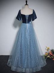 A-Line Tulle Velvet Blue Long Prom Dress, Blue Tulle Formal Dress