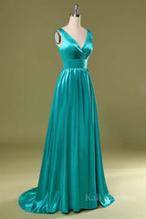 A Line V Neck and V Back Turquoise Long Prom Dress with Slit, Turquoise Formal Graduation Evening Dress