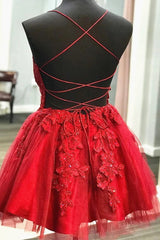 A Line V Neck Short Backless Red Lace Prom Dresses, Short Red Backless Lace Formal Homecoming Dresses