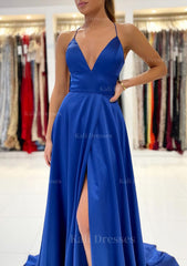 A Line V Neck Sleeveless Charmeuse Sweep Train Prom Dresses With Split