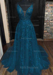 A Line V Neck Sleeveless Lace Court Train Prom Dress With Pleated