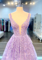 A Line V Neck Sleeveless Long Floor Length Lace Prom Dress With Beading