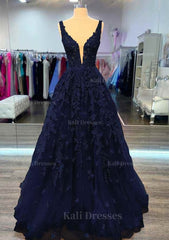 A Line V Neck Sleeveless Long Floor Length Lace Prom Dress With Beading