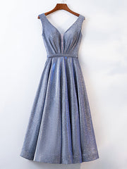 A Line V Neck Tea Length Gray/Pink Prom Dresses, Shiny Tea Length Formal Dresses