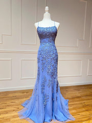 Backless Blue Lace Mermaid Prom Dresses, Open Back Lace Mermaid Formal Evening Dresses