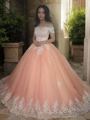 Ball Gown Off-the-Shoulder Court Train Tulle Prom Dresses With Appliques Lace