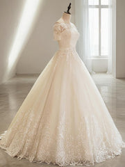 Ball Gown Off-the-Shoulder Floor-Length Tulle Wedding Dresses With Appliques Lace