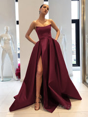 Ball Gown Strapless Sweep Train Satin Prom Dresses With Leg Slit