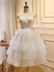 Beige Sweetheart Neck Tulle Puffy Short Prom Dress, Beige Homecoming Dress