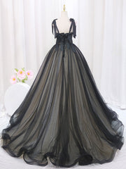 Black A-Line Tulle Long Prom Dresses, Black Tulle Formal Evening Dress