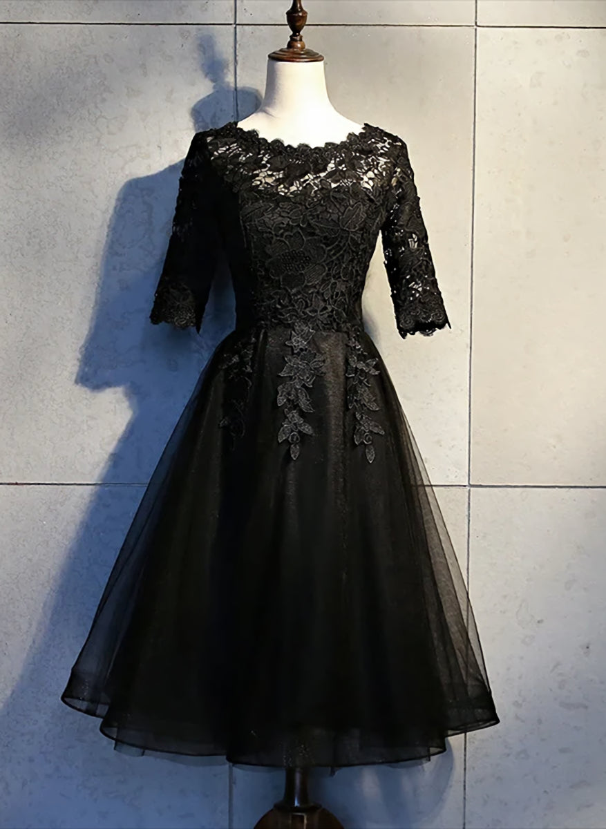 Black Lace and Tulle Short Sleeves Party Dresses Formal Dress, Black Homecoming Dresses