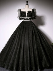 Black Scoop Neckline Long Prom Dress, Shiny Tulle Black Evening Dress