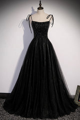 Black Tulle Beaded Long Prom Dress, A-Line Spaghetti Straps Evening Dress