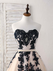 Black Tulle Lace Applique Long Prom Dress, Black Evening Dress