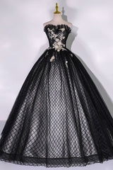 Black Tulle Lace Long Prom Dress, Black A-Line Strapless Evening Gown