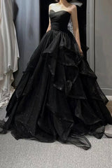 Black Tulle Long A-Line Prom Dress,Ball Dresses with Ruffles