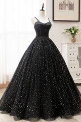 Black Tulle Long Prom Dress, Black Spaghetti Straps Formal Evening Gown