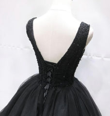 Black Tulle V Back Beaded Knee Length Homecoming Dress, Black Short Party Dress