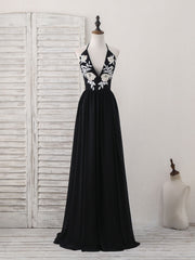 Black V Neck Chiffon Lace Long Prom Dress Black Evening Dress