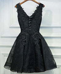 Black V Neck Lace Short Prom Dress, Black Cute Homecoming Dresses