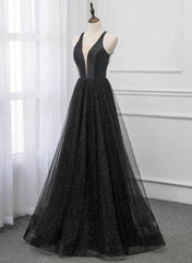 Black V-neckline Tulle and Satin Long Straps Cross Back Prom Dress, Floor Length Evening Dress