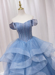 Blue Beaded Off Shoulder Tulle Long Formal Dress, Blue Evening Dress Prom Dress