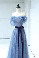 Blue Floor Length Prom Dress, A-line Strapless Tulle Evening Dress