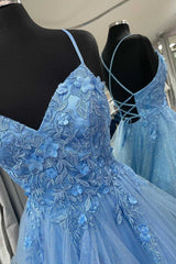 Blue Floral Appliques Lace-Up Tiered A-Line Prom Dress Holiday Dresses