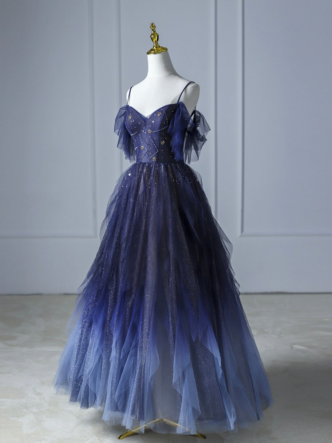 Blue Gradient Tulle Long Prom Dress,Beautiful Spaghetti Strap Celebrity Dresses