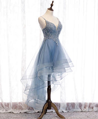 Blue High Low Tulle V-neckline Straps Party Dress with Lace, Cute Homecoming Dress