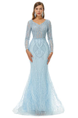 Neckline Long Sleeve Mermaid Lace Pattern Tulle Beading Prom Dresses