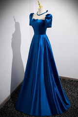 Blue Satin Long A-Line Prom Dress, Simple Blue Short Sleeve Evening Dress