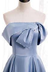 Blue Satin Long Prom Dress with Pearls, Blue A-Line Strapless Party Dress