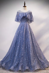 Blue Scoop Neckline Tulle Long Prom Dress, Shiny A-Line Formal Evening Dress