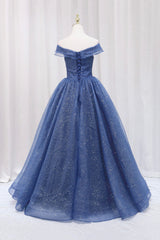 Blue Shiny Tulle Off the Shoulder Prom Dress, Blue V-Neck Evening Dress