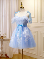 Blue Short Prom Dress, Puffy Cute Blue Homecoming Dress with Lace