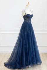 Blue Tulle Beaded Long Prom Dress Formal Dress, Blue Evening Dress