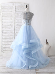 Blue Tulle Lace Applique Long Prom Dress Blue Tulle Sweet 16 Dress