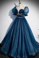 Blue Tulle Long A-Line Prom Dress, A-Line Short Sleeve Evening Dress