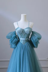 Blue Tulle Long Spaghetti Strap Prom Dress and Corset, Detachable off Shoulder Party Dress