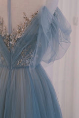 Blue Tulle Sequins Long Prom Dress, A-Line Scoop Neckline Party Dress