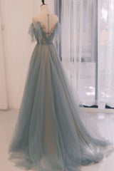 Blue Tulle Sequins Long Prom Dress, A-Line Scoop Neckline Party Dress