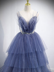 Blue V Neck Tulle Sequin Long Prom Dress, Blue Tulle Formal Dress